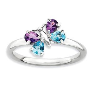 Sterling Silver, Amethyst & Blue Topaz Butterfly Stackable, Size 7